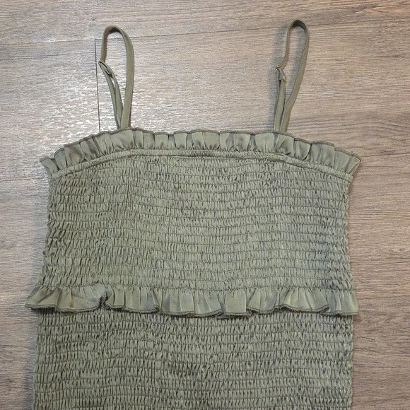 MABLE • Olive Green Smocked Fitted Dress - Picture 4 of 12